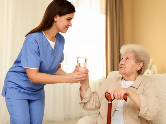 Pflegefachkraft gibt alter Frau ein Glas Wasser